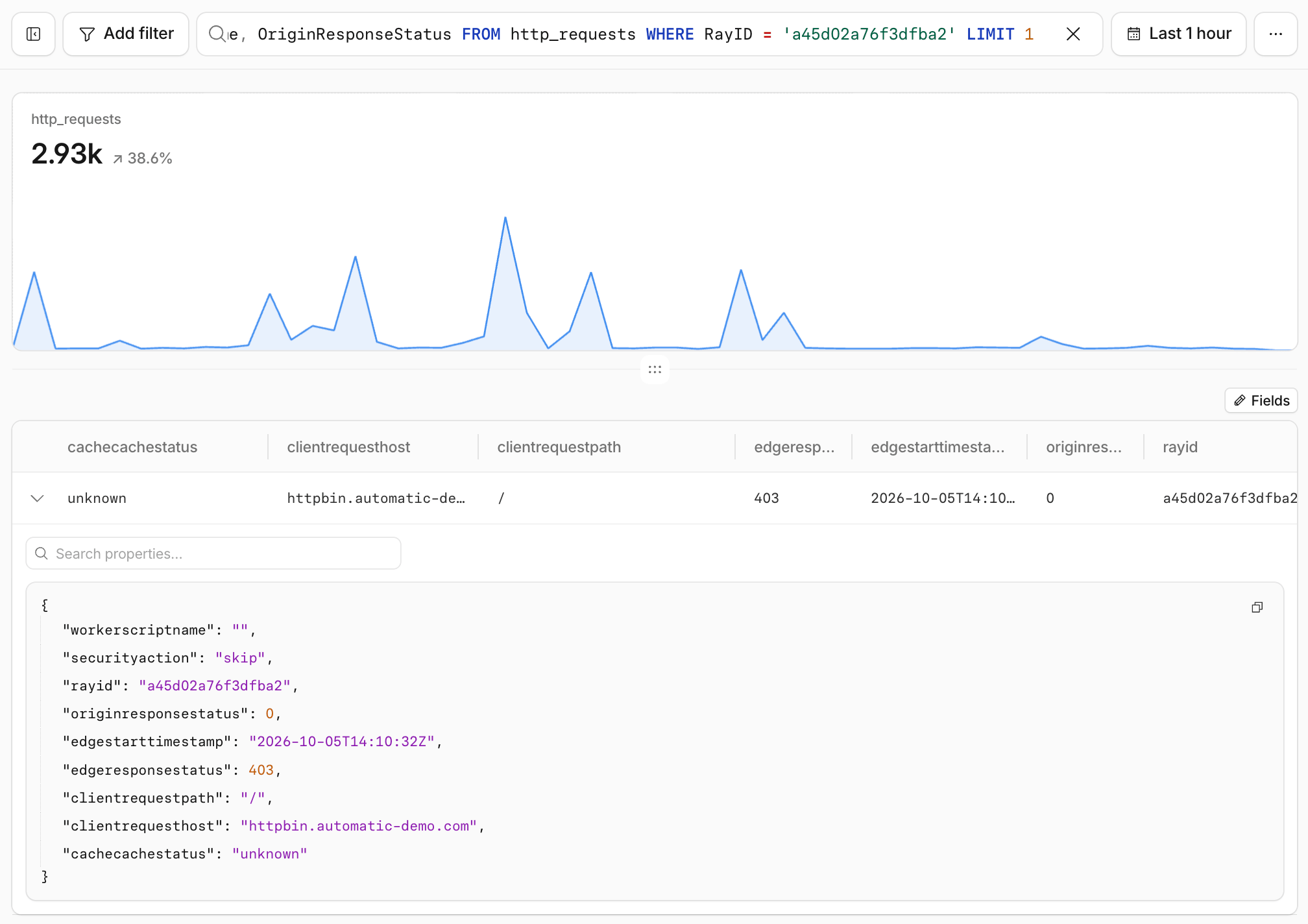 Observability Logs running the Ray ID query on http_requests