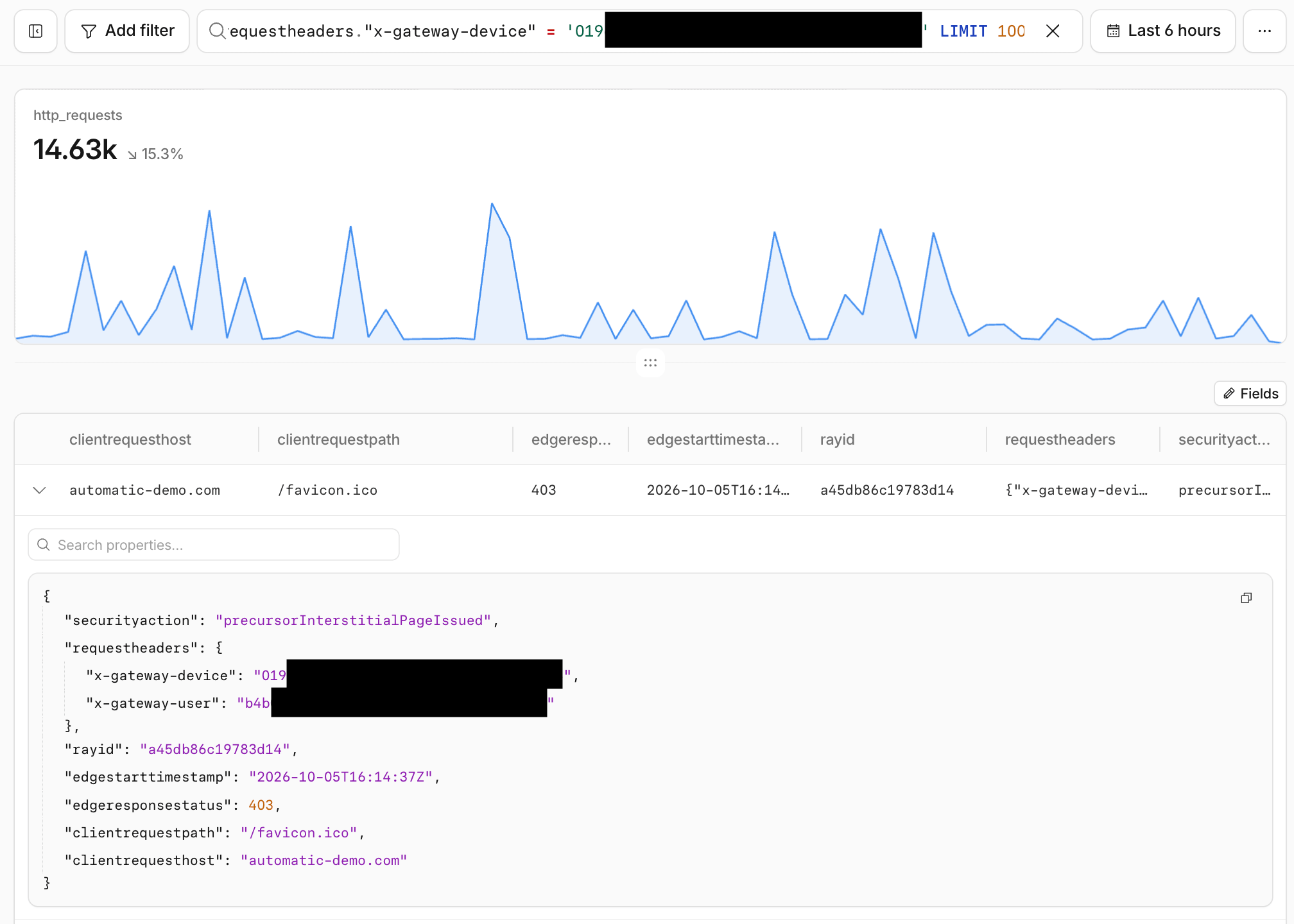 Observability Logs running the Device ID Request Headers SQL query on http_requests