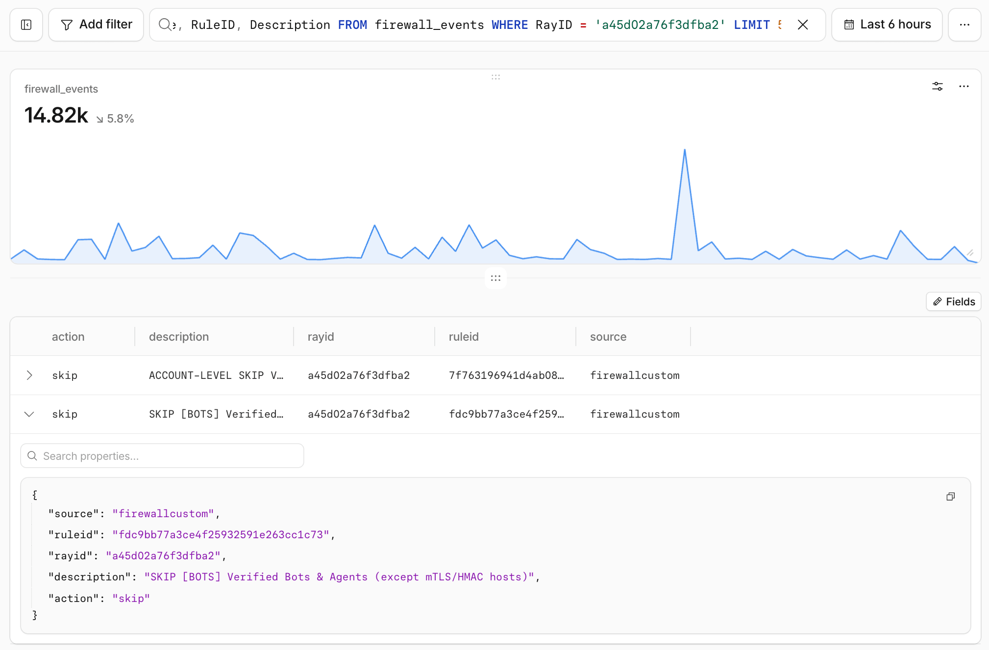 Observability Logs running the Ray ID query on firewall_events, returning two skip rules that matched the request